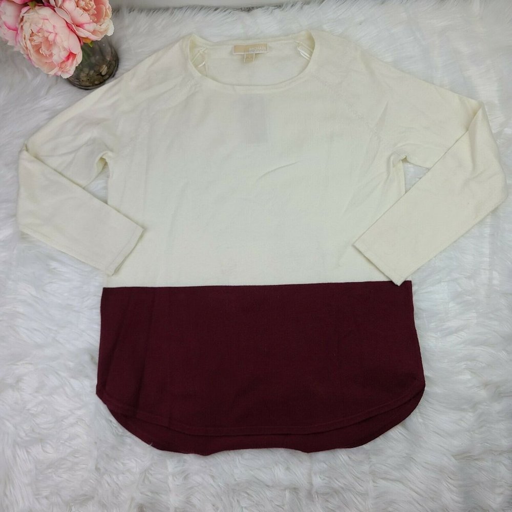 Michael Kors Scoop Neck Long Sleeve Pullover Sweater Logo Beige/Burgundy M NWT